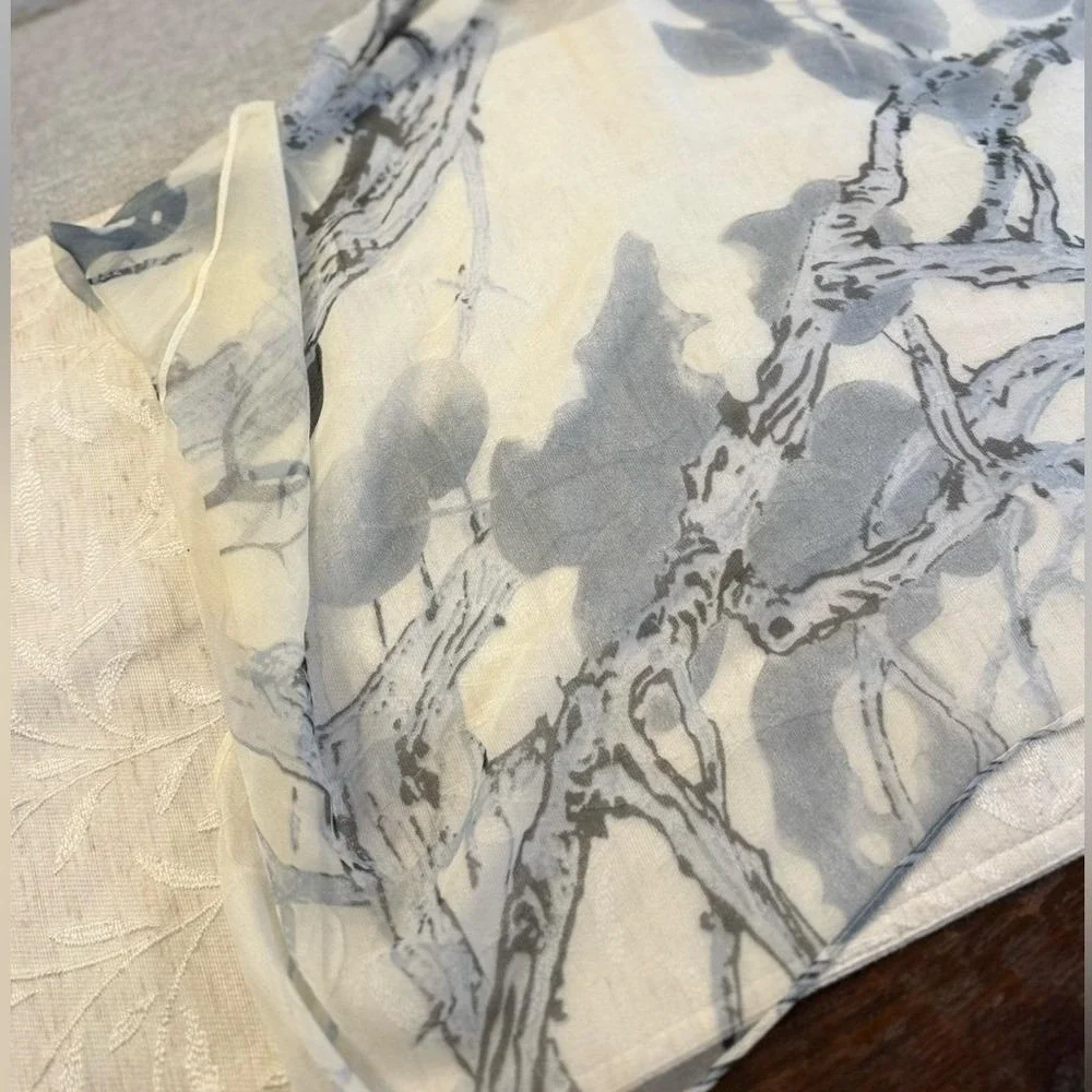 Vintage Chinese Ink Wash Floral Scarf 19x64 | Silk Feel Plum Blossom Calligraphy - Picture 3 of 10